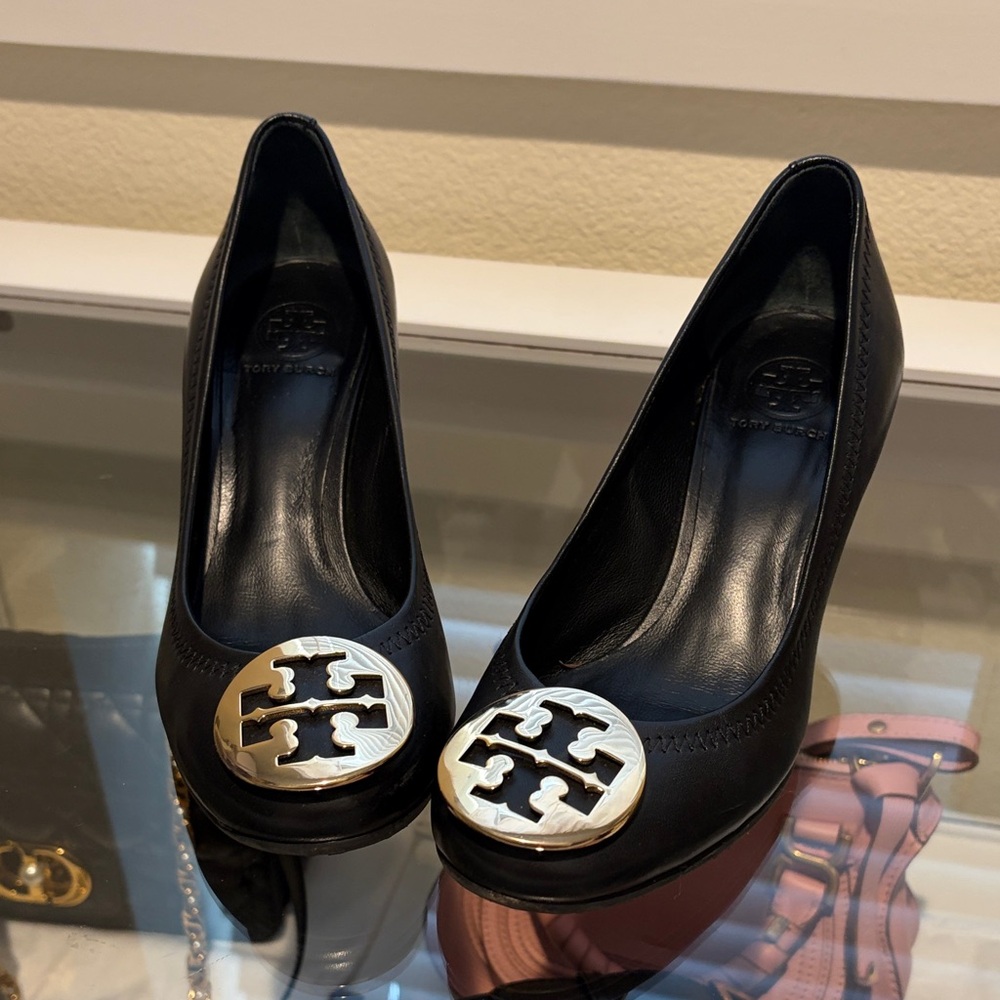Tory Burch Black Heels with Gold Logo Accent